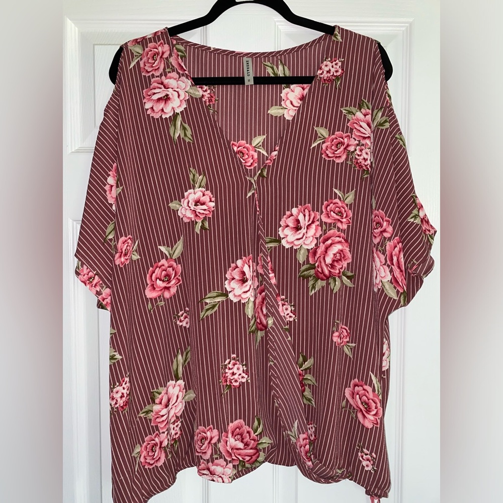 Stripe and floral cold shoulder blouse